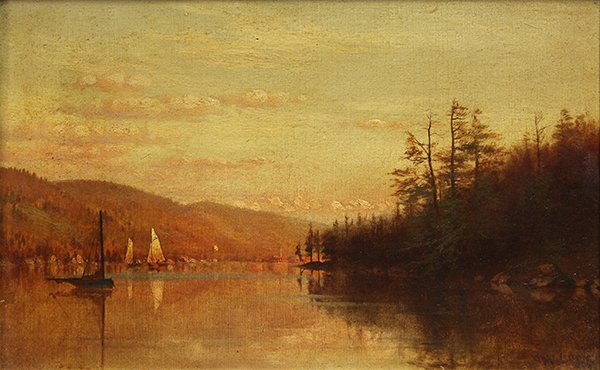 Painting, George Herbert McCord, Hudson River Sunset: George Herbert McCord (American, 1848-1909), Hudson River Sunset, oil on canvas, signed and dated indistinctly lower right, canvas: 10"h x 15.5"w, overall (with period frame): 19.75"h x 25"w