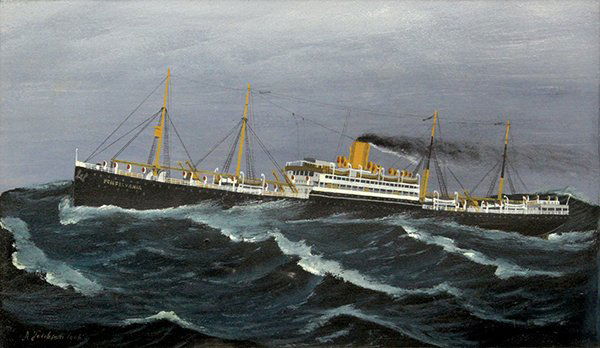 Painting, Antonio Jacobsen, S. S. Pennsylvania, 1906: Antonio Jacobsen (American/Danish, 1850-1921), "S. S. Pennsylvania," 1906, oil on board, signed and dated lower left, sight: 8.5"h x 14.75"w, overall (with frame):15.75"h x 22"w