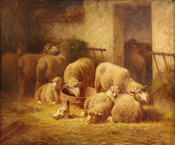 Painting, Jacques Ramel, Sheep in a Barn: Jacques Ramel (French, 1913-1999), Sheep in a Barn, oil on canvas, signed lower right, canvas: 23"h x 27"w, overall (with frame): 27"h x 31.5"w