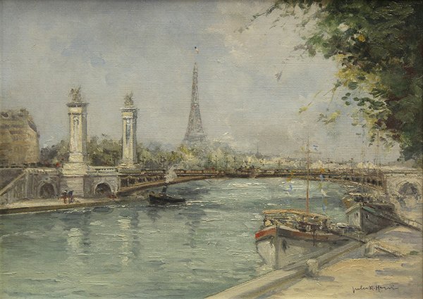 Painting, Jules René Hervé, View of Pont Alexandre III: Jules René Hervé (French, 1887-1981), View of Pont Alexandre III, oil on canvas, signed lower right, canvas: 13.25"h x 18.25"w, overall (with frame): 18.75"h x 23.75"w