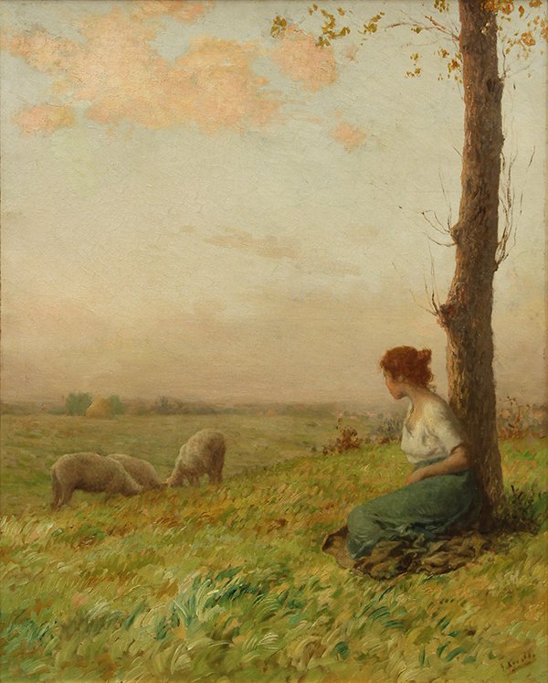 Painting, Henry Lerolle: Henry Lerolle (French, 1848-1929), Watching the Flock at Sunset, oil on canvas, signed indistinctly lower right, sight: 31.75"h x 25.25"w, overall (with frame): 42.5"h x 35.5"w