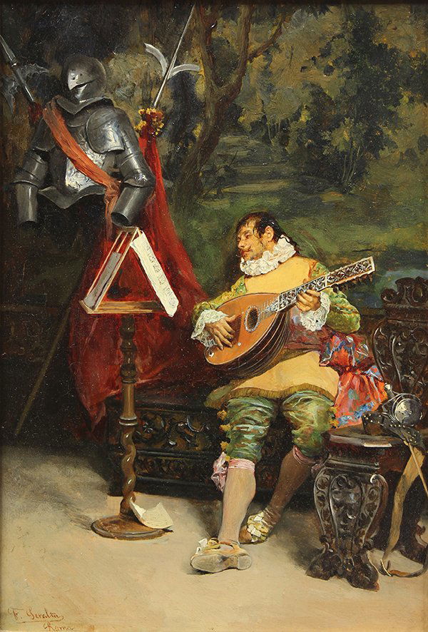 Painting by Francisco Peralta Del Campo: Francisco Peralta Del Campo (Spanish, 1837-1897), Seated Musician with Mandolin, oil on panel, signed lower left, panel: 14"h x 10"w, overall (with frame): 20"h x 16"w
