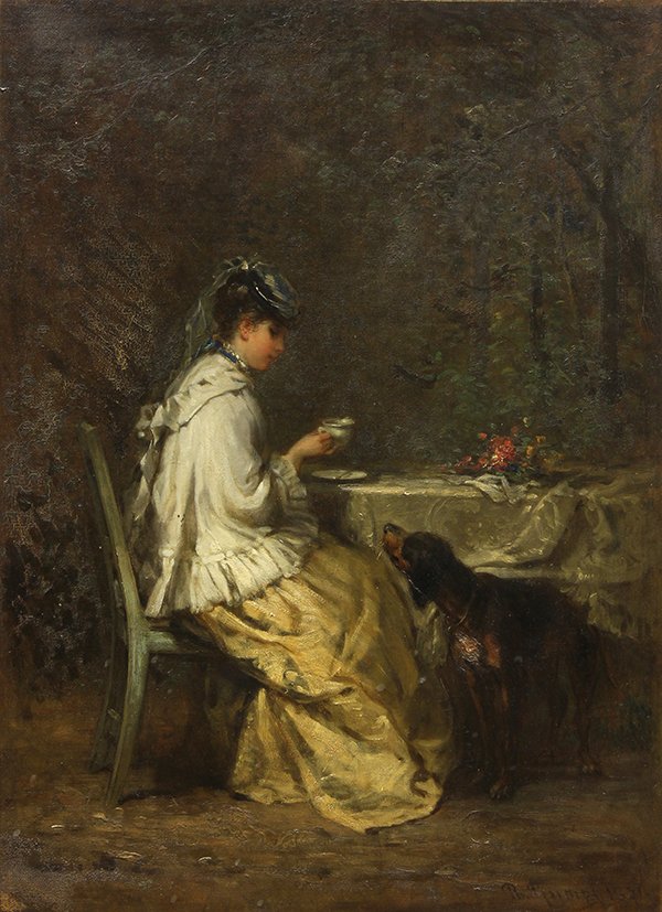 Painting, Philipp Rumpf, Afternoon Tea, 1871: Philipp Rumpf (German, 1821-1896), Afternoon Tea, 1871, oil on canvas, signed and dated lower right, sight: 17.5"h x 13.5"w, overall (with frame): 26.25"h x 21.75"w