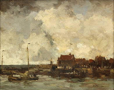 Painting, Willem George Frederik Jansen, Harbor Scene: Willem George Frederik Jansen (Dutch, 1871-1949), Harbor Scene, oil on canvas, signed lower right, sight: 13.5"h x 17.25"w, overall (with frame): 22"h x 26"w