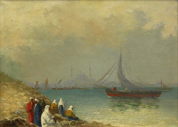 Painting, Robert George Talbot Kelly, In the Harbor: Robert George Talbot Kelly (British, 1861-1934), "In the Harbor (Istanbul)," oil on canvas, signed lower left, sight: 24.25"h x 34.5"w, overall (with frame): 32.5"h x 42.5"w