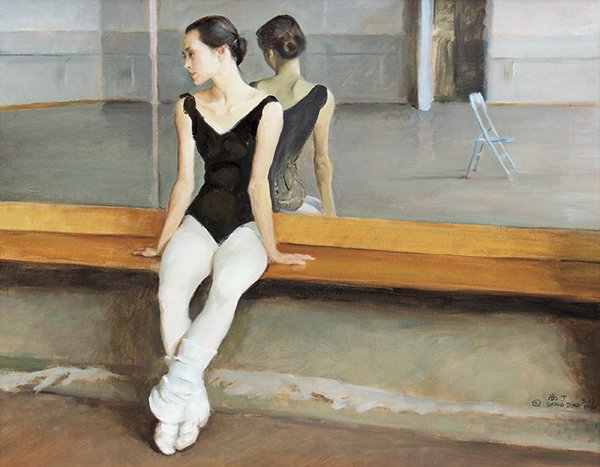 Painting, Shang Ding: Shang Ding (Chinese, b. 1954), "Contemplation," 1990, oil on canvas, signed and dated lower right, canvas: 22"h x 28"w, overall (with frame): 26.5"h x 32.5"w