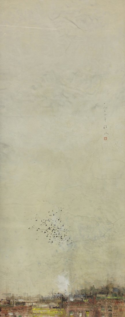 Watercolor, Chen Chi: Chen Chi (American/Chinese), 1912-2005), "Morning Sky," 1976, watercolor, stamped with artist's seal, signed and dated middle right, sight: 50.75"h x 20"w, overall (with frame): 67"h x 28.25''w. Liter
