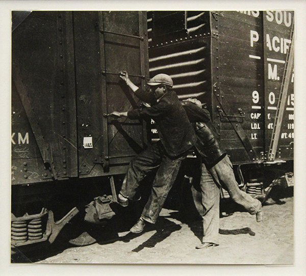 Photograph, Walker Evans, Jumping Boxcars: Walker Evans (American, 1903 - 1975), Jumping Boxcars, gelatin silver print, pencil signed verso, inscribed "RA 882-2-B" verso, image: 5.5"h x 6.25"w, overall (with mat): 20"h x 16"w