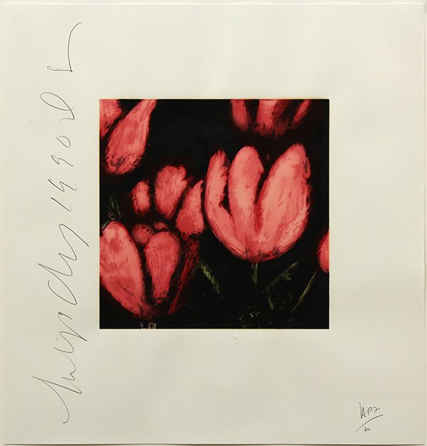 Donald Sultan, Tulips: Donald Sultan (American, b. 1951), "Tulips, May," 1990, color silkscreen, pencil signed, titled, and dated left side, edition AP 7/20, published by Parasol Press, image: 12"h x 12"w, overall (with fra