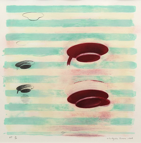 Print, Christopher Brown, Hats: Christopher Brown (American, b. 1951), "Hats," 1982, lithograph, pencil signed and dated lower right, edition AP 6/20, John Berggruen Gallery label affixed verso, image: 21.5"h x 22"w, overall (with f