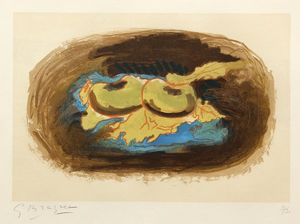 Print, Georges Braque, Les Pommes et Feuilles: Georges Braque (French, 1882-1963), "Les Pommes et Feuilles," 1958, color lithograph, pencil signed lower left, edition 27/30, Arches watermark, printed and published by Mourlot, Paris, image: 12.25"h