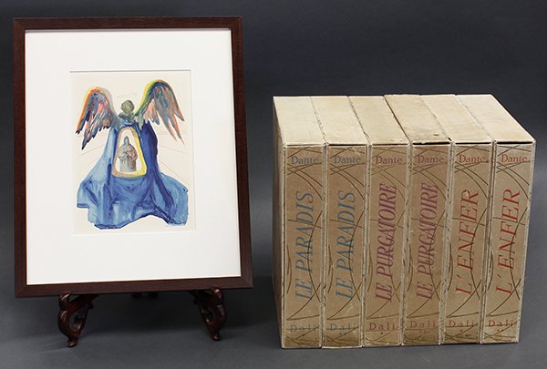 Salvador Dali, The Divine Comedy,1960: (lot of 76) Salvador Dali (Spanish, 1904-1989), "The Divine Comedy," 1960, consisting of color woodcuts in six volumes, from the unsigned edition, with one woodcut framed and matted, sheets (each): 13