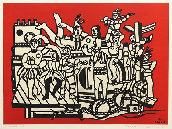Print, After Fernand Léger, Contrastes: After Fernand Léger (French, 1881-1955), "Contrastes," color pochoir, 1959, inscribed "F. Leger 1953" lower left, inscribed "Lithographe par Maeght Editeur Paris" lower right, image: 16.5"h x 22"w, o