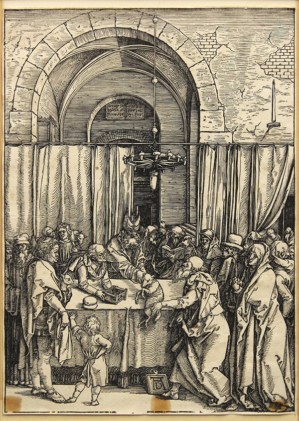 Print, Albrecht Durer: Albrecht Durer (German, 1471-1528), "The Meeting of Joachim and Anne at the Golden Gate", wood block, circa 1580, fish bladder watermark upper right, Kleeman Galleries (New York, NY) label affixed ver