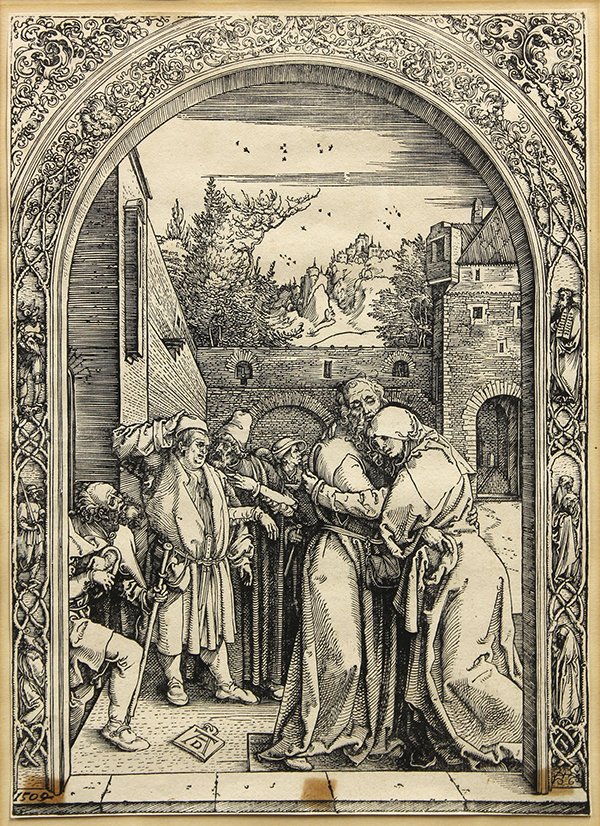 Print, Albrecht Durer: Albrecht Durer (German 1471-1528), "The High Priest Rejects Joachim's Offering", woodblock, circa 1580, fish bladder watermark upper right, sight: 11.75"h x 8.25"w, overall (with frame): 18"h x 13.75"