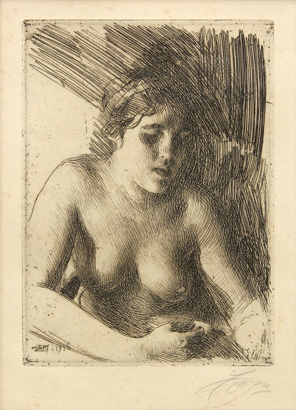 Print, Anders Zorn: Anders Zorn (Swedish, 1860-1920), "Bust" 1916, etching on wove paper, signed in pencil lower left, plate signed lower right, edition of a third and final state, image: 9.5"h x 7"w, overall (with frame