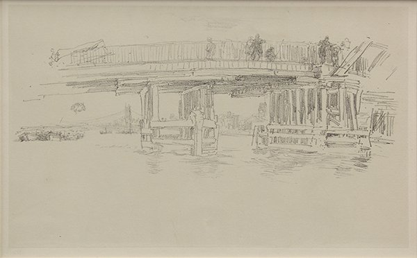 Print, Whistler: James Abbott McNeill Whistler (American, 1834-1903), ''Old Battersea Bridge,'' 1879, lithograph on grayish ivory wove paper appliqué on ivory wove plate paper, butterfly left center, edition of 100 f