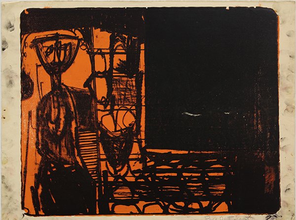 Print, Roy de Forest, Black and Orange Figure: Roy de Forest (Californian, 1903-2007), Black and Orange Figure, c. 1952, lithograph, pencil signed lower right, sheet (unframed): 18.75"h x 25"w. Provenance: Created when De Forest was 22 years old a