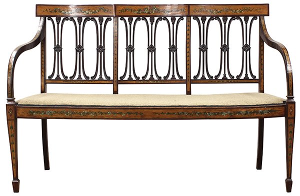 Federal style three seat settee: Federal style three seat settee, having a rectangular crest with hand painted floral swags, surmounting the repeating pierced splats, continuing to the upholstered seat, and rising on square legs term