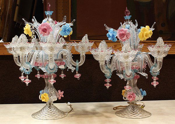 Pair of Venetian Pauly glass epergnes: Pair of Venetian Pauly glass epergnes, the six lights surmounting the S form supports, each executed in yellow, pink, blue and clear glass, accented with daffodils and decorative drops, continuing to