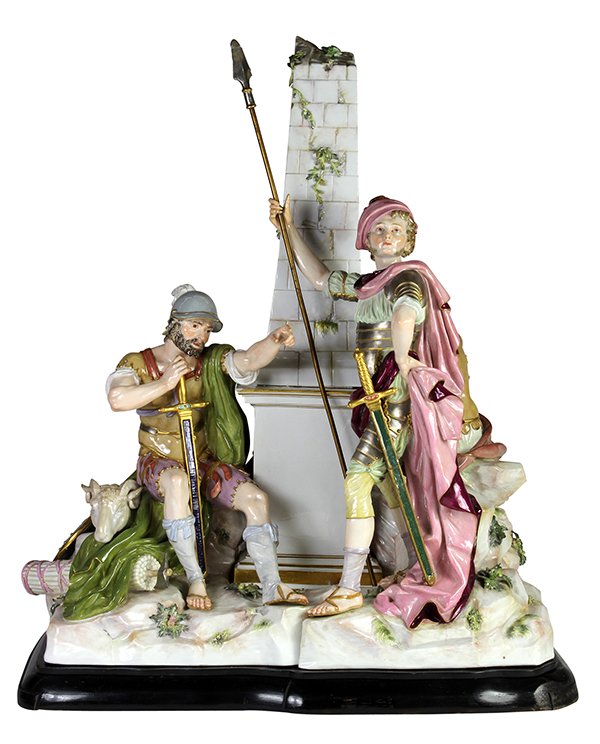 Large Meissen figural group executed in four parts: Large Meissen figural group executed in four parts, depicting a group of soldiers, each flanking a battle ravaged obelisk, each bearing weapons and armour, seated on a naturalistic plinth, one depicte