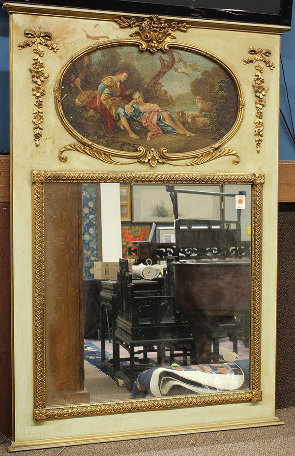 Continental polychrome decorated and partial gilt: Continental polychrome decorated and partial gilt trumeau mirror, 19th century, the carved crest surmounting the oval depiction of a courting couple depicted in a naturalistic setting, above the origi