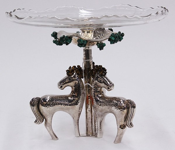 Emelia Castillo (Los Castillos) sterling and glass cake: Mexican sterling silver and glass whimsical cake stand by Emelia Castillo (Los Castillos), the modern hammered design featuring three ponies crowned by agate nuggets, the flared canopy standard surmou