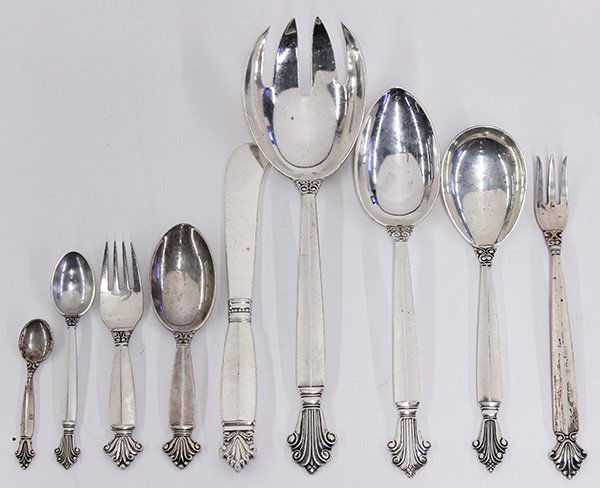 Georg Jensen sterling silver partial flatware service: Georg Jensen sterling silver partial flatware service in the 'Acanthus" pattern, designed by Johan Rohde, 1917, consisting of thirteen demitasse spoons; nine cocktail forks; eight place spoons; six sa