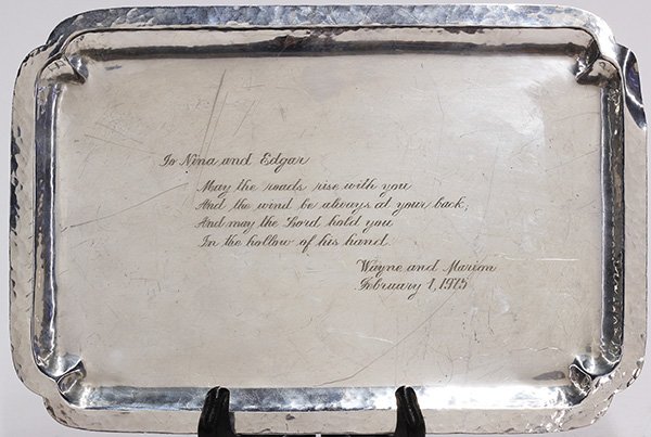 Randahl sterling silver presentation tray 12.81 troy: Randahl sterling silver presentation tray having a hammered border, and central script inscription, "To Nina and Edgar May the roads rise with you And the wind be always at your back, And may the Lord