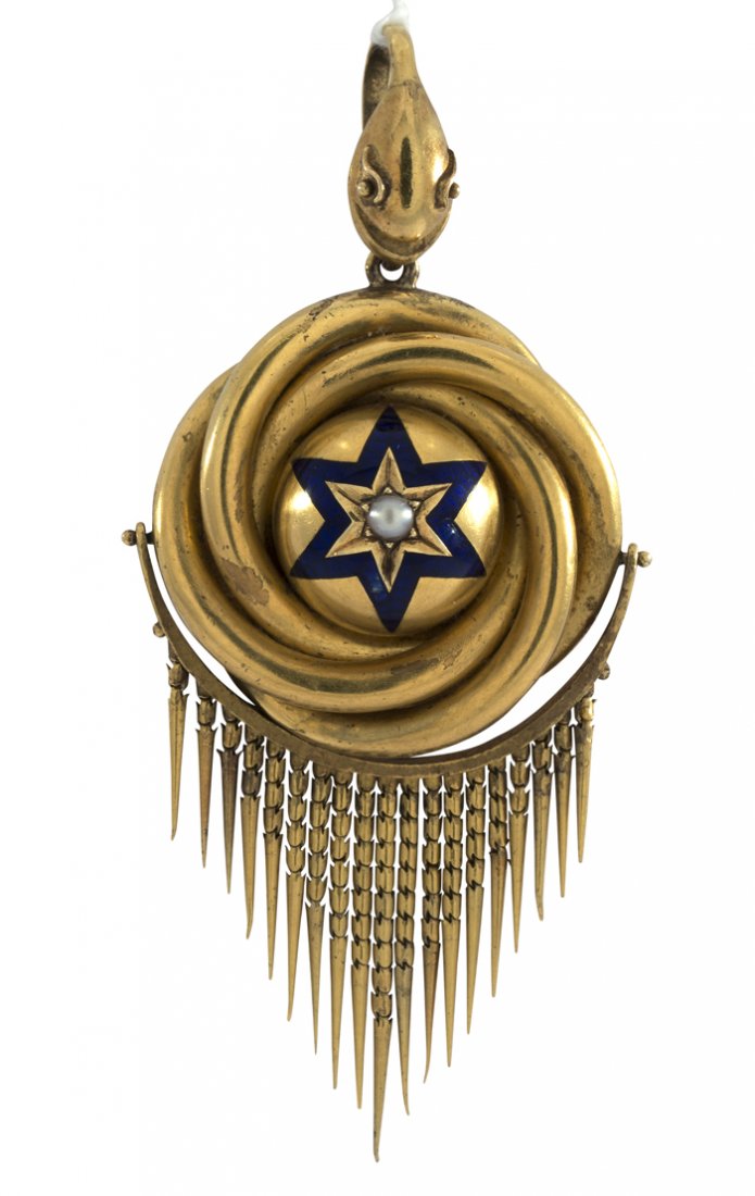 Victorian enamel pearl yellow gold pendant: Victorian enamel, pearl and 15k yellow gold pendant knot motif centered by a pearl and blue enamel, tassels mounted on a swivel, the chatalain bail is a serpent motif, the reverse with a lock of hair,