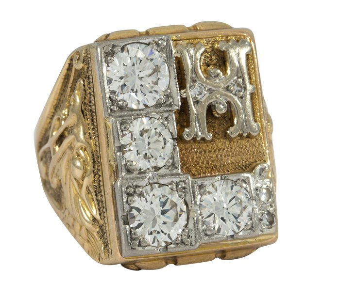 Vintage diamond gold signet ring: Vintage diamond and gold signet ring including (4) round brilliant cut diamonds weighing approximately 0.91 ct., 0.72 ct., 0.56 ct., and 0.52 ct., accented by (4) single cut diamonds totaling approxim