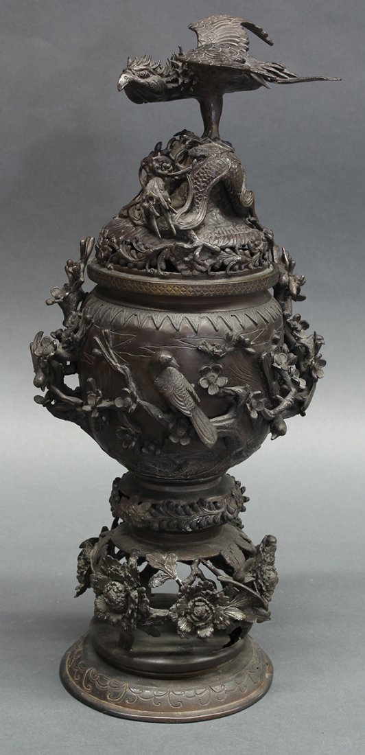 Japanese Bronze Lidded Censer, Bird and Dragon, 19c: Japanese bronze censer, late Edo/Meiji period, with a bird and dragon on the cover, central section of the body decorated with Japanese warblers perched on plum blossom branches, lower portion depicts