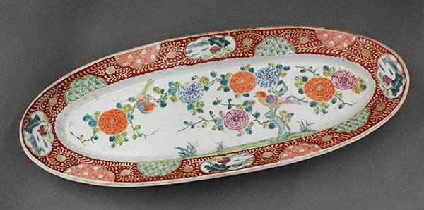 Japanese Arita/Imari Oblong Dish, 19c: Japanese Arita/Imari oblong porcelain dish, late Edo/Meiji period, decorated with flowers and two birds, scenery in reserve on the rim, bottom bearing the maker, Hisatomi Yojibe (?-1878) mark 'Zoshute