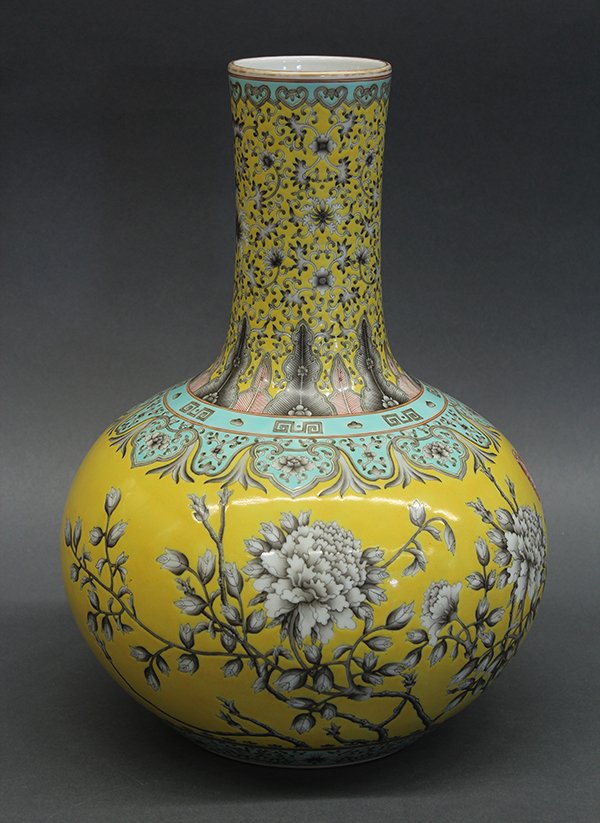 Chinese Graiselle Porcelain Vase: Chinese graiselle porcelain vase, the stick neck decorated with bats, lotus and tendrils above a stiff leaf and ruyi band, the globular body with large peonies on a yellow ground and marked 'Daya Zhai