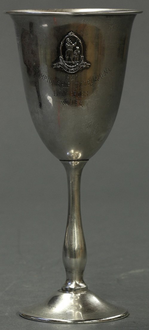 Sterling silver goblet golf trophy, 3.37 troy oz.: Sterling silver goblet trophy having a central medallion depicting a golfer and caddy in appropriate attire and reading "Potrero Country Club" above the inscription "1927 Championship Tournament Low C