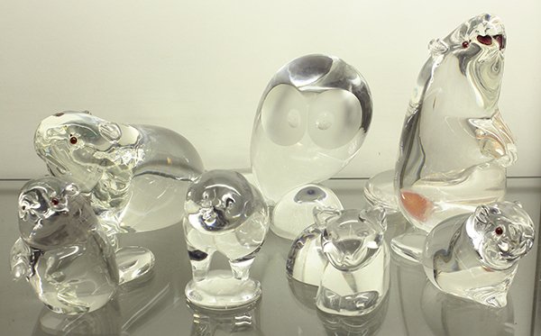 Collection of Steuben figural sculptures: (lot of 7) Collection of Steuben figural sculptures depicting animals including a beaver, a bird, a cat, a mouse, an owl, etc., each marked on base, tallest: 6.5"h