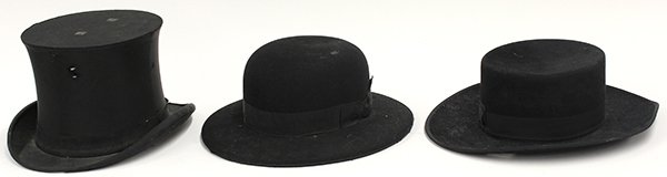 Victorian black hats: (lot of 3) Victorian black hats, including a Henry Heath, London bowler hat; a Piccadilly, Paris top hat; and Miroc hat, largest: 4"h x 13"dia.