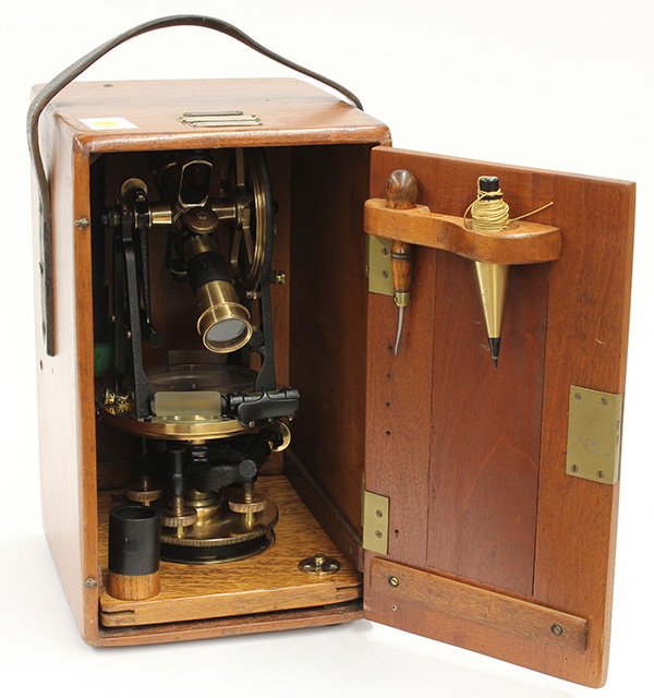 C.L. Berger & Sons surveyor's transit: C.L. Berger & Sons, Boston, brass surveyor's transit instrument with compass, in a fitted oak case, and having a wood tripod, case: 15"h x 9"w x 10"d