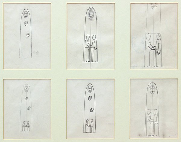 Drawings, Beniamino Benevenuto Bufano: Beniamino Benvenuto Bufano (American/Italian, 1898-1970) and Russian and American Aviators, Study for ''Peace'' sculpture, circa 1950, (during Russian American Cold War), graphite on paper, unsigned,