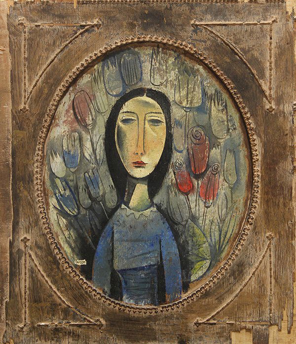 Painting, Portrait of a Woman: After Amedeo Modigliani (Italian, 1884-1920), Portrait of a Woman, oil on board, signed "Dusso" lower right, overall (with frame): 26"h x 22"w