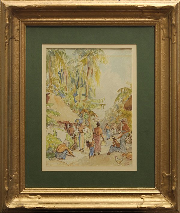 Watercolor, Tahitian Island Scene with Villagers: Continental School (20th century), Tahitian Island Scene with Villagers, watercolor, unsigned, overall (with frame): 25.75''h x 22''w