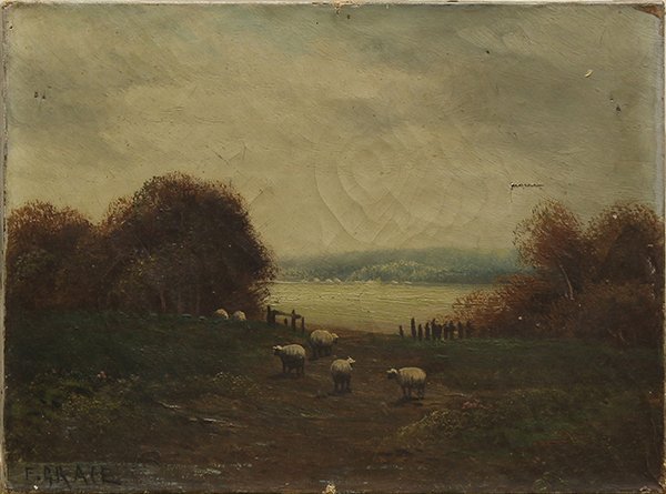 Painting, California School (19th century), Sheep by: California School (19th century), Sheep by the River, oil on canvas, signed "F. Grace" lower left, canvas (unframed): 9"h x 12"w