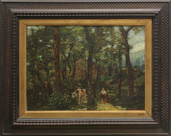 Painting, Continental School (20th c.), Forest Scene: Continental School (20th century), Forest Scene with Figure with Ox, oil on board, signed "P. Beyland" lower right, overall (with frame): 17.25"h x 21.25"w
