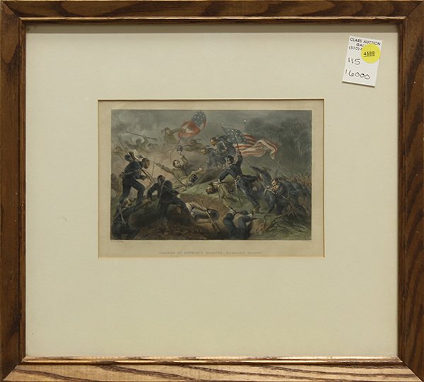Print, Felix Octavius Carr Darley: Felix Octavius Carr Darley (American, 1822-1888), "Charge of Hawkins's Zouaves, Roanoke Island," hand-colored engraving, overall (with frame): 14.5"h x 16"w
