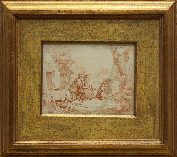 Continental School, Drawing and Print: (lot of 2) Continental School (20th century), French Village Scene with Roosters and Hens, sanguine engraving, unsigned, and Madonna and Child, pen and ink drawing on paper, initialed "A.P." lower rig