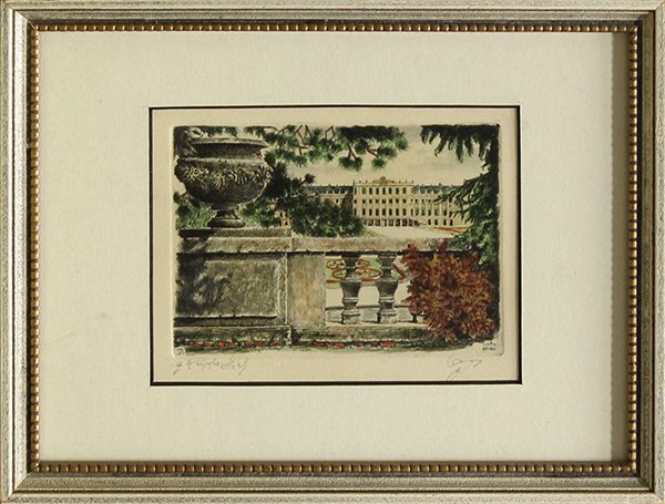 Prints, Continental School, Baden Baden: (lot of 2) Continental School (20th century), "Baden Baden," and View of a Palace, hand-colored engravings, each pencil signed indistinctly lower right, each titled lower left, overall (with frame/lar