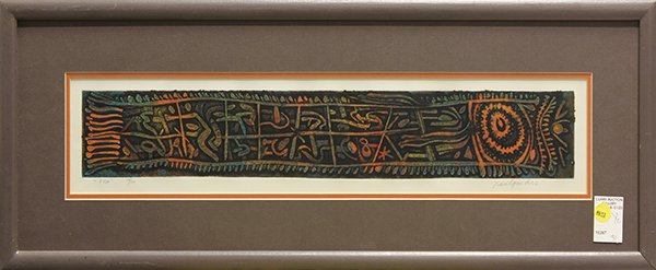 Aboriginal Print and Archie Rand Drawing: (lot of 2) Aboriginal School (20th century), "Fish," lithograph, signed indistinctly lower right, edition 10/20, and Archie Rand (American, b. 1949), Haunted House in the Moonlight, ink drawing, signe