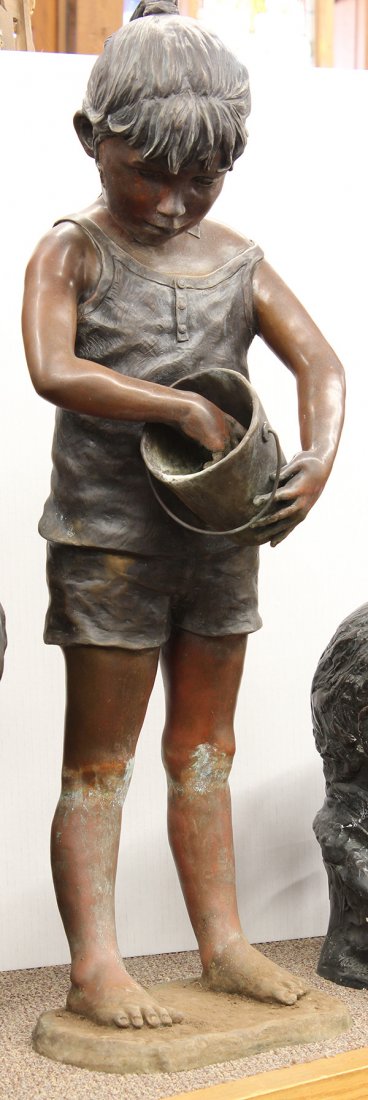 Bronze Sculptures, Jo Saylors, Pollywog Hunters: (lot of 2) Jo Saylors (American, b.1932), "Pollywog Hunters," circa 1989, bronze sculptures, each signed upon base, overall (boy):18"h x 13"w x 18"d, overall (girl): 38"h x 13"w x 8"d