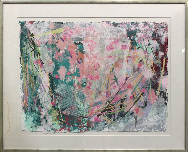 Mixed media, Margie Hughto, Out of My Window: Margie Hughto (American, Contemporary), "Out My Window," mixed media on hand made paper, title label affixed verso, sight: 40"h x 50"w, overall: 41.75"h x 51.5"w