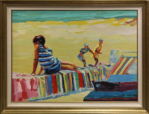 Painting, Beach Goers: Beach Goers, acrylic on canvas, signed indistinctly "Egeghy" lower right, 20th century, overall (with frame): 36.75"h x 46.75"w